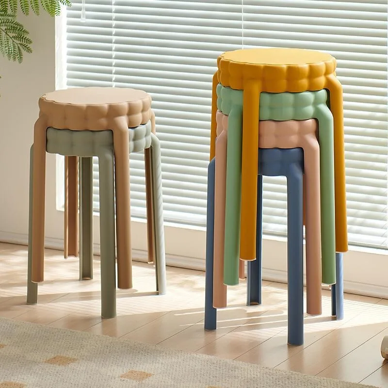 Nordic plastic stool, thickened round stool, stackable high stool, family dining table stool, spare dressing furniture