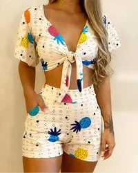 Sexy Women Set Casual Printing Short Sleeve T-shirt and High Waist Shorts Two Piece Sets Womens Outifits Bare One's Belly Button