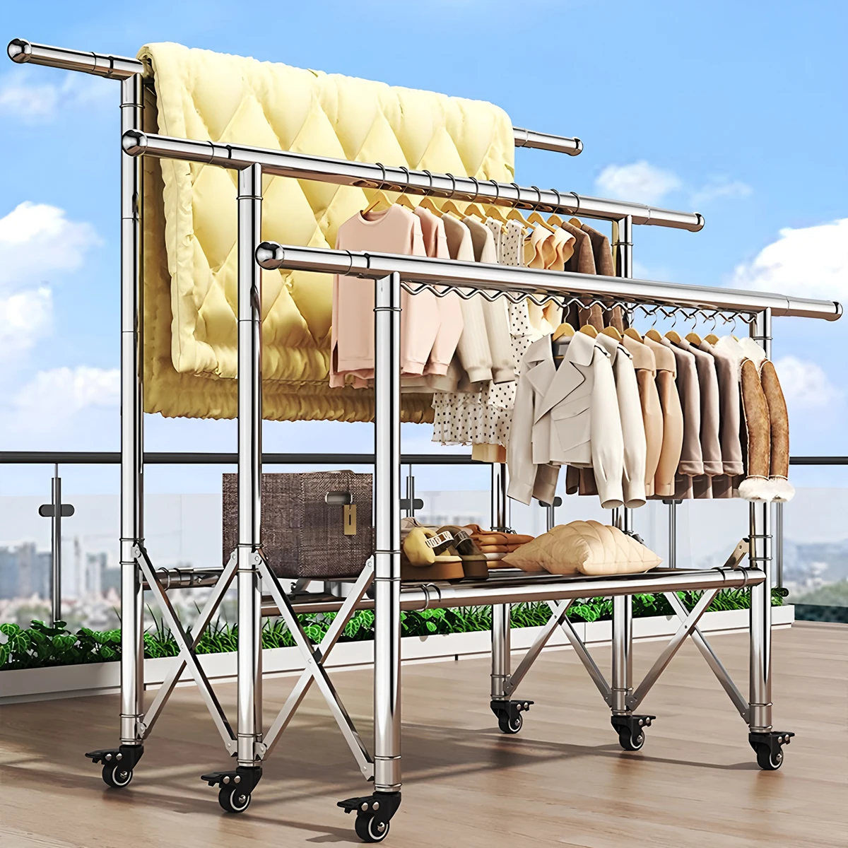 #Heavy Duty Indoor Outdoor Furniture 6 Wheels Stainless Steel Mobile Clothes Drying Rack Foldable Extendable Clothesline Pole