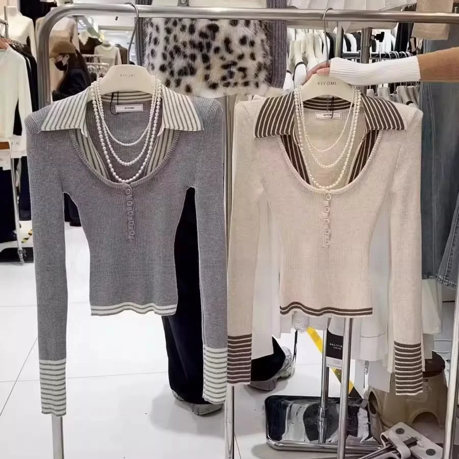 

Slim Fit Striped V-Neck Long Sleeve Knitted Sweater Women's Fashion Casual Top Korean Style Two-Piece Look with Button Detail