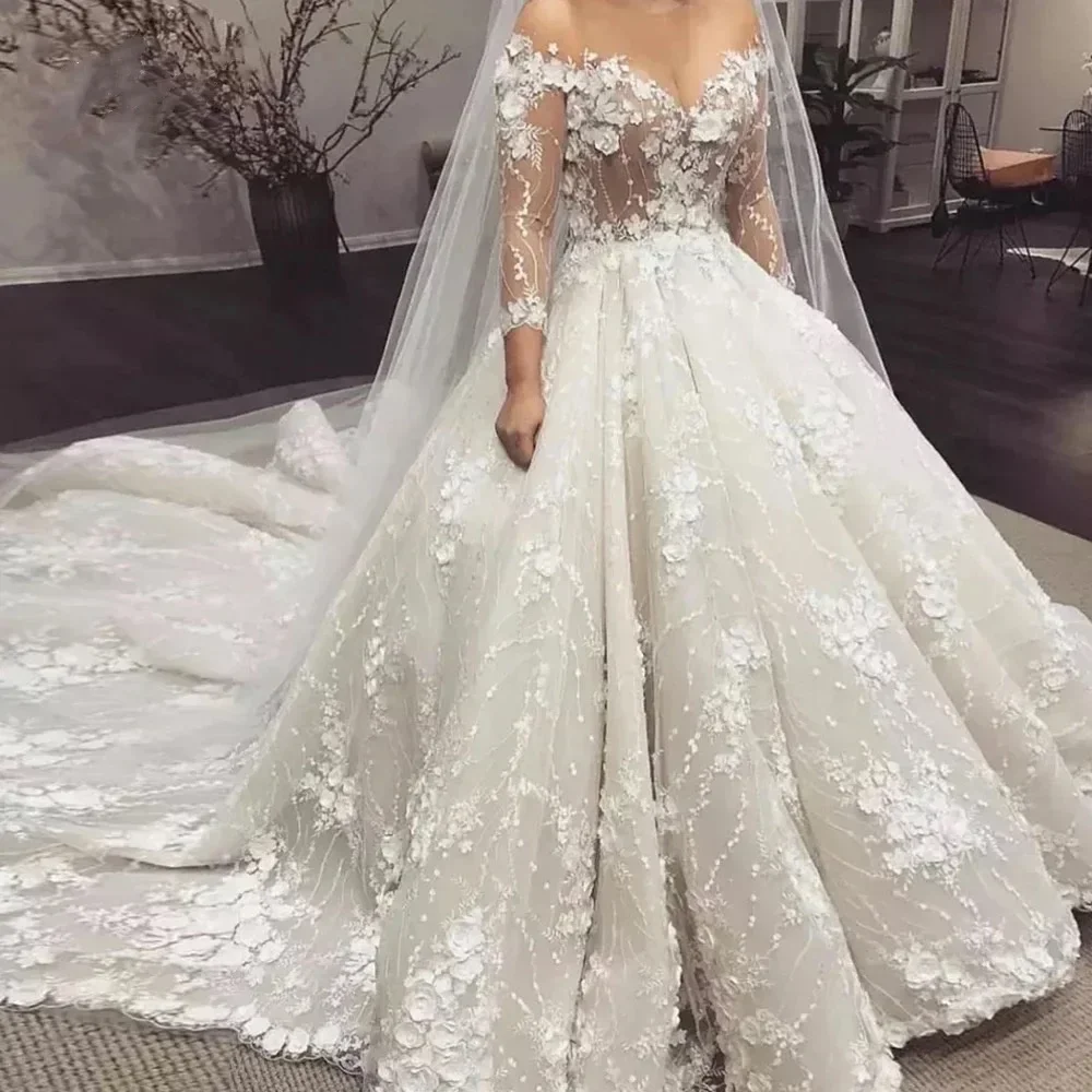 

Customized Sexy Illusion Long Sleeve Lace Ball Gown Wedding Dresses Boat Neck Flowers Vintage Bridal Gown Vestido de novia