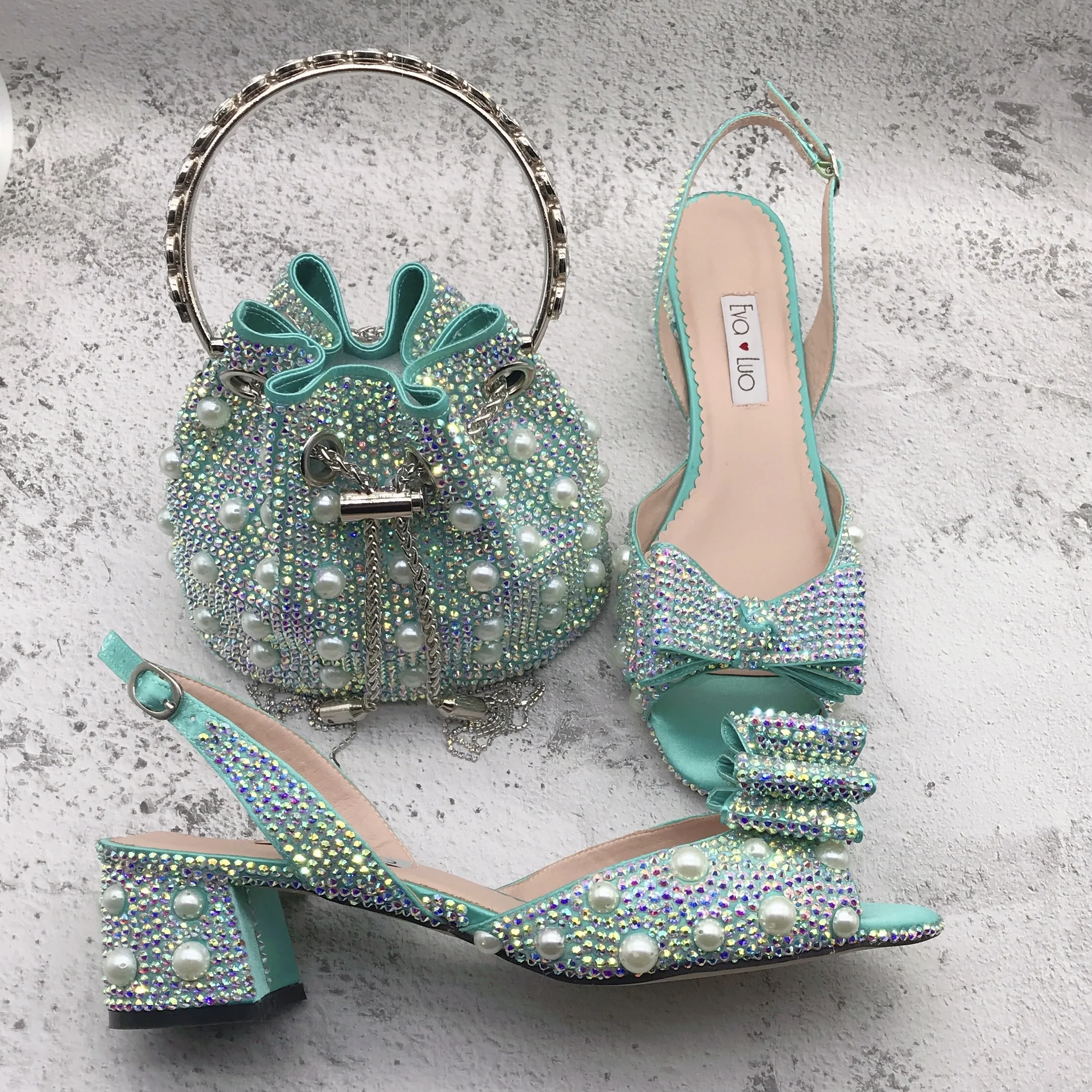 BS1591 Customizable Women Shoes Bridal Wedding Shoes Mint Green Pearl Stones Shoes With Matching Bag Set