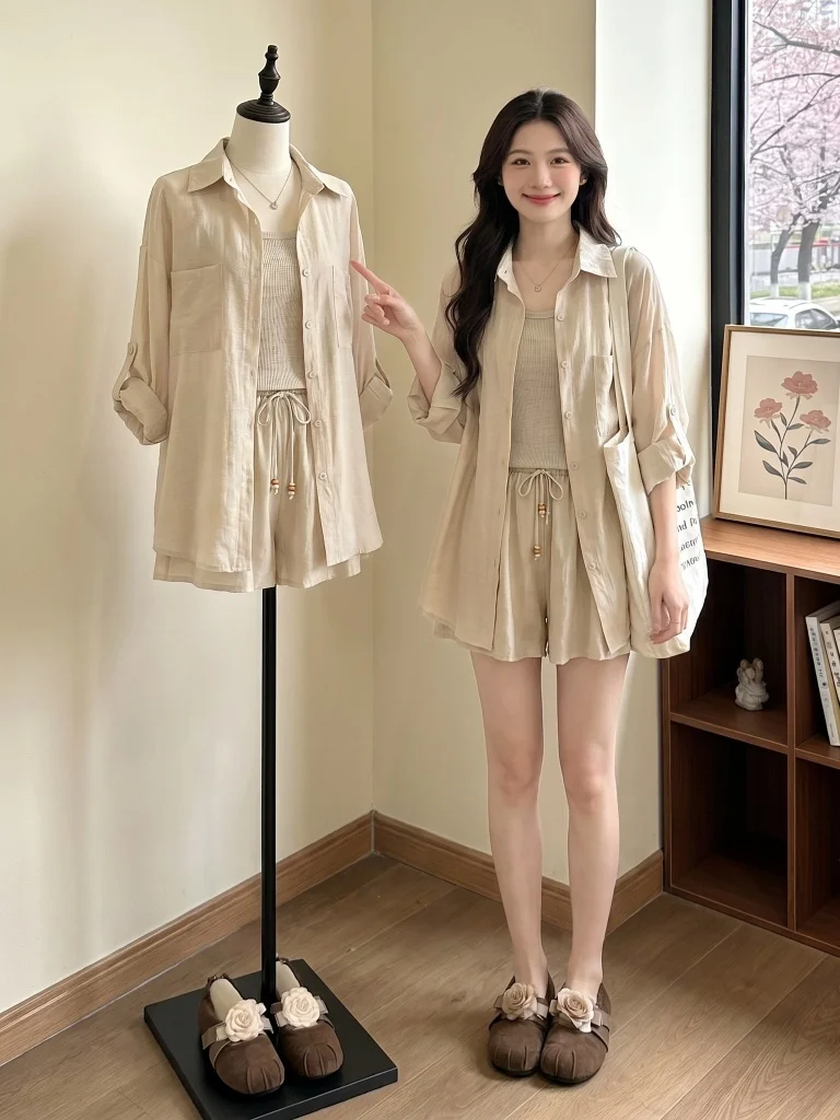 

Summer Commute Fashion Set Women's Large Size Shirt Vest Thin Sun Protection Shorts Three-piece Set Casual Loose Fit Neck