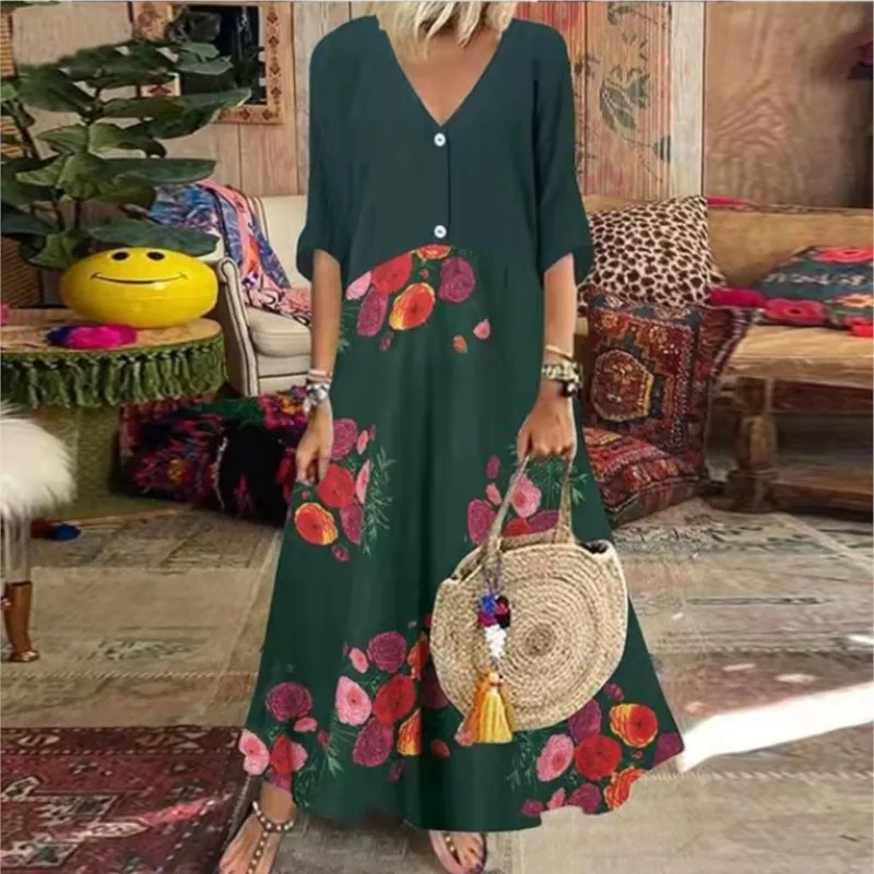 Maxivestido con estampado Vintage para mujer, vestido informal de primavera y verano con cuello en V y manga corta con botones, vestido holgado de talla grande, vestidos largos elegantes para mujer