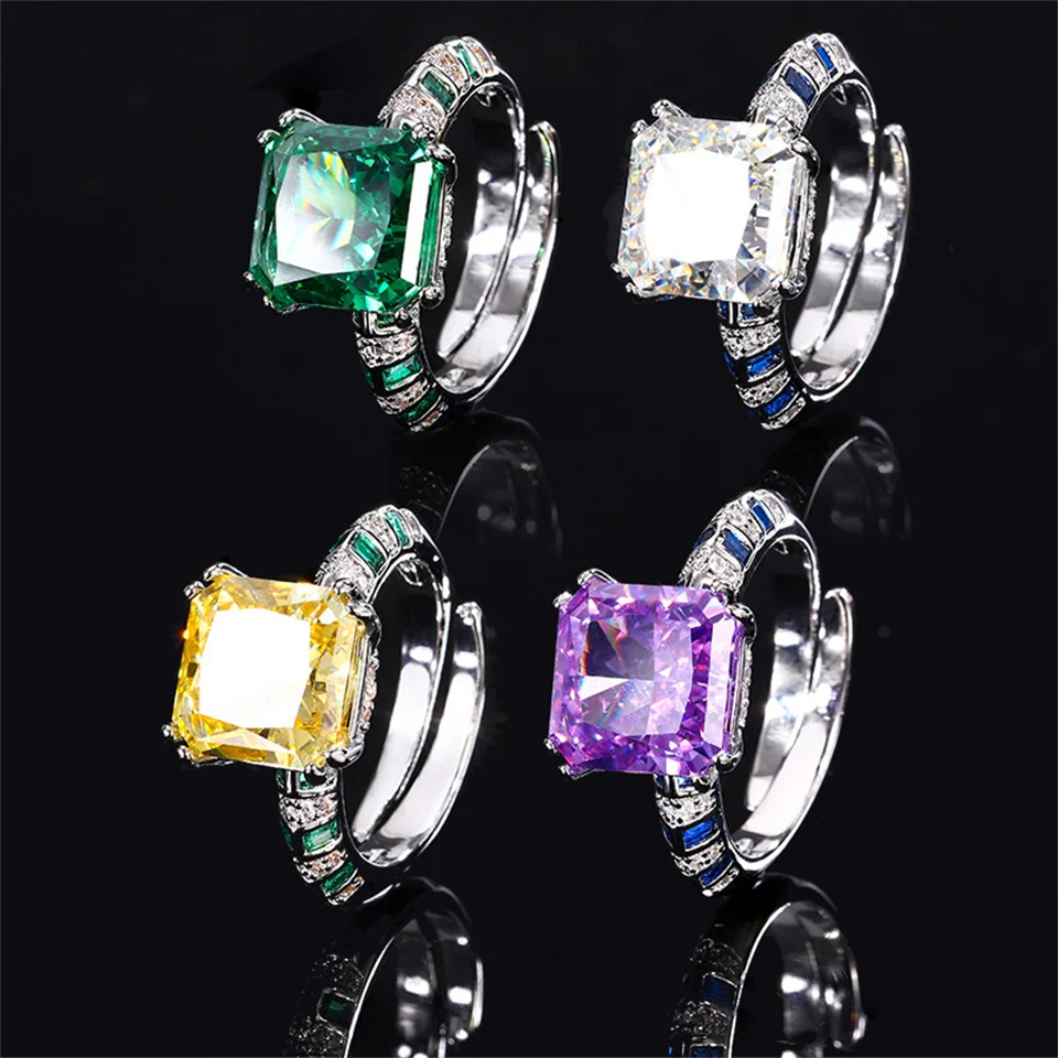 

High-carbon Diamond Copper-set Ring Color-tuned Square Gemstone Stainless Steel Ring Fashionable Luxury Stainless Steel Jewelry