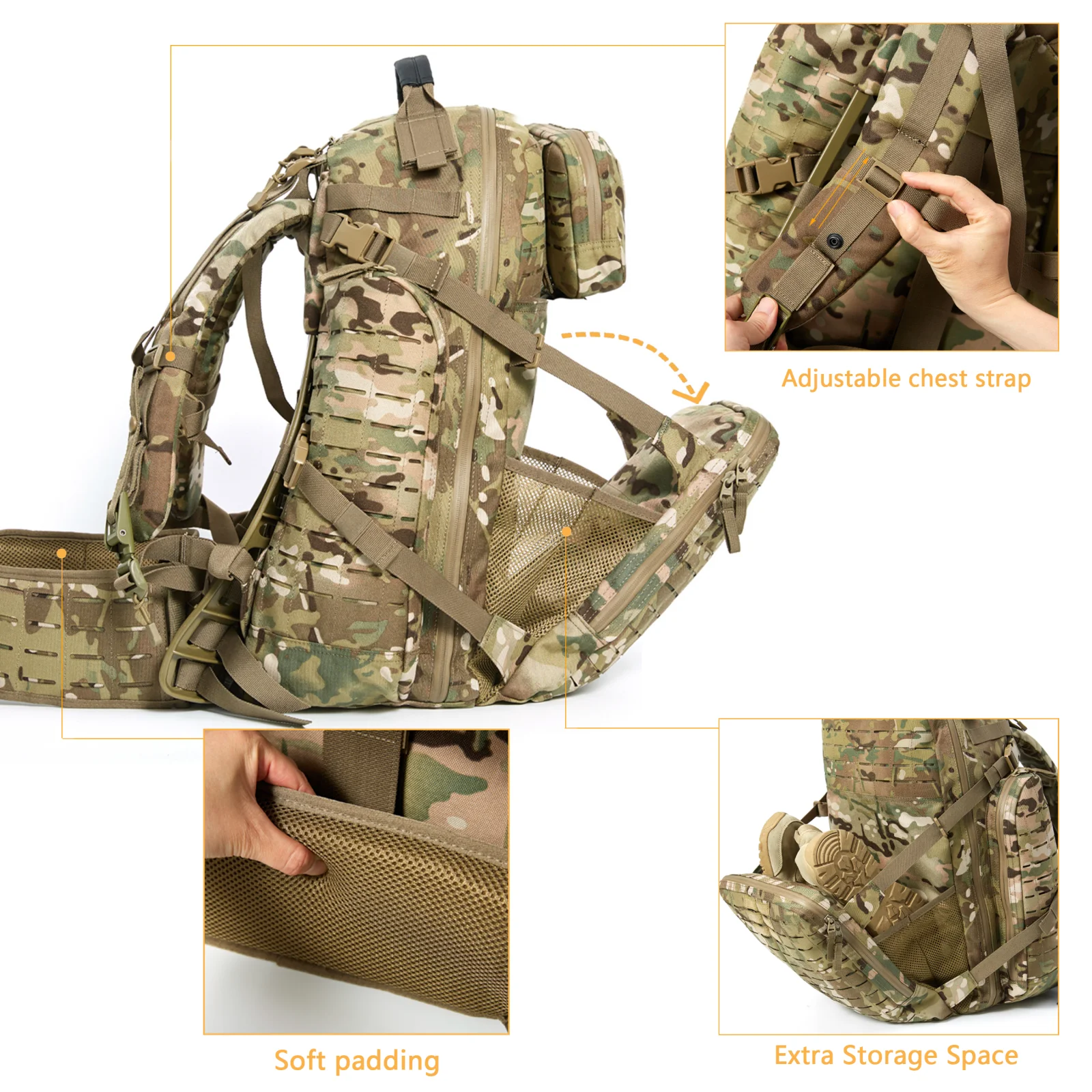 Zaino tattico militare da 3 giorni con telaio esterno Zaino da assalto medio MOLLE per escursioni all'aperto mimetico / Marpat Desert
