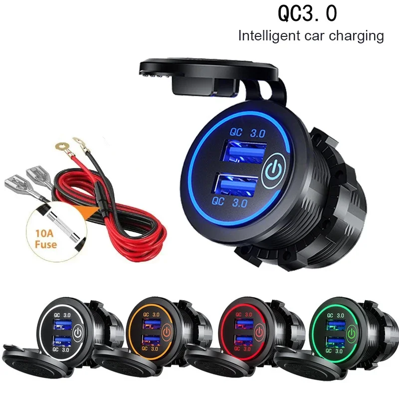 Car Charger Cigarette Lighter With Touch Switch 12V/24V 36W QC 3.0 Dual USB Socket Power Socket