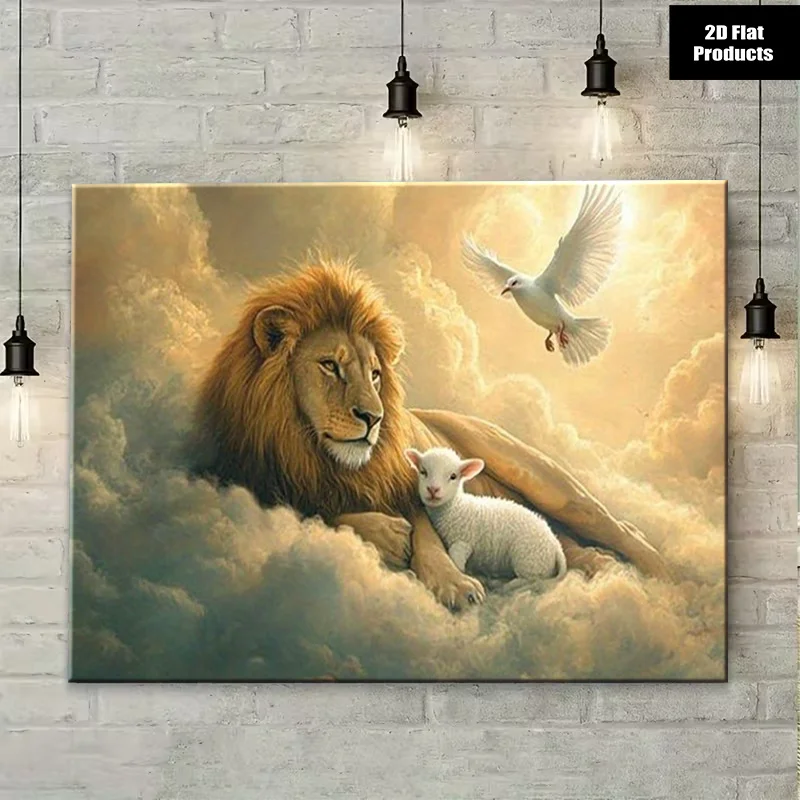 (No frame)2D Flat, 2D Flat, 1pc a Framed Canvas Featuring a Lion And a Lamb Resting Together Among The Clouds