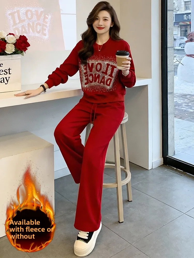 

Thickened Fleece Casual Sportswear Set Women's Winter New Style Anti-Aging Fashionable Red Sweatshirt Wide Leg Pants Two-Piec...