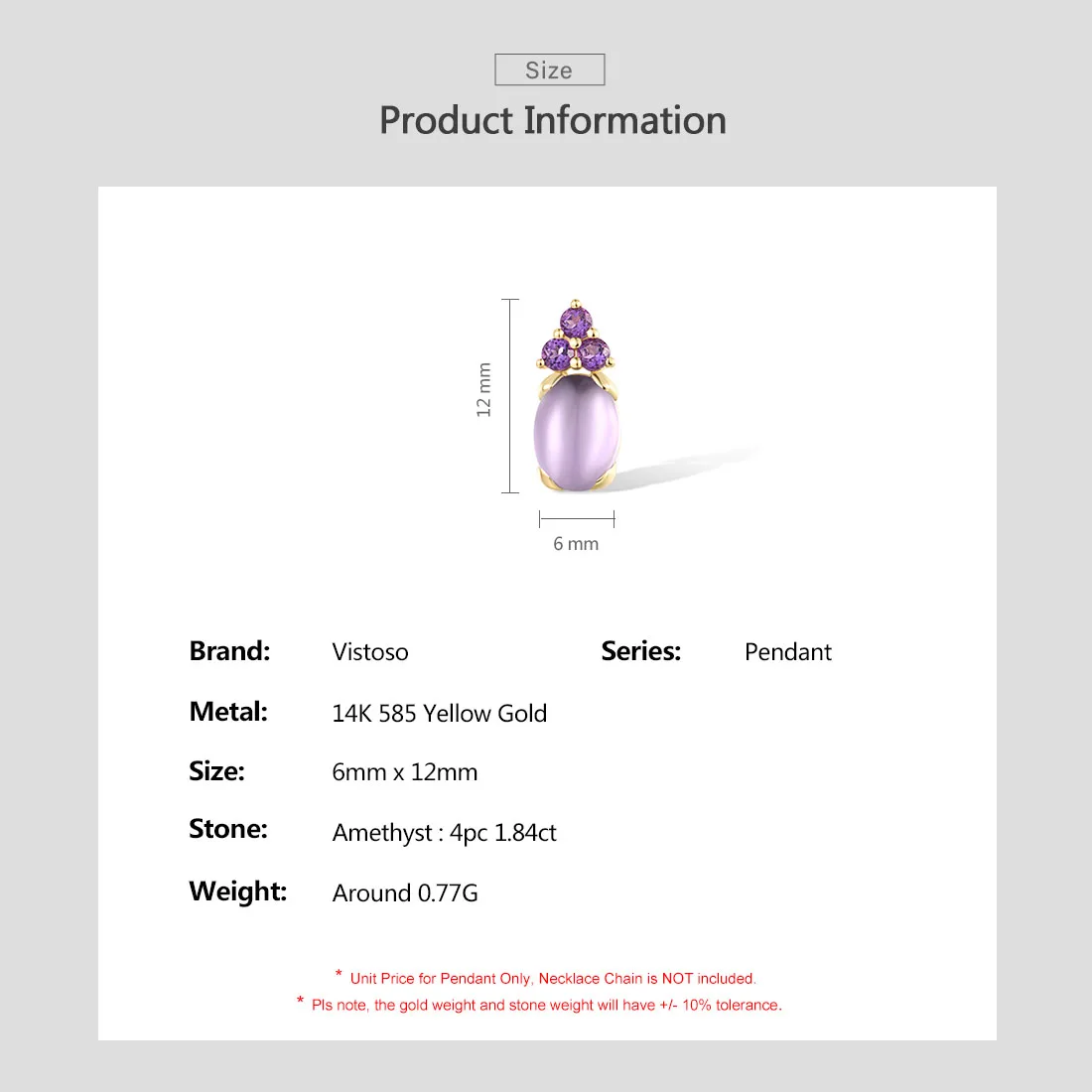 VISTOSO Pure 14K 585 Yellow Gold Pendant For Women Genuine Amethyst Simple Oval Wedding Party Gifts Fine Jewelry Set Handmade