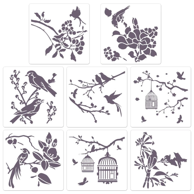 Flower Birds Painting Stencils Reusable Templates DIY Art Home Decor 8 pcs