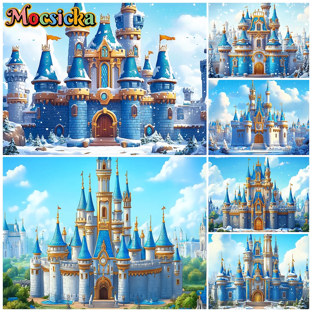 Mocsicka Fairy Tale Castle Photography Backdrop Blue Fantasy Winter Photo Background Kid Birthday Christmas Party Portrait Shoot