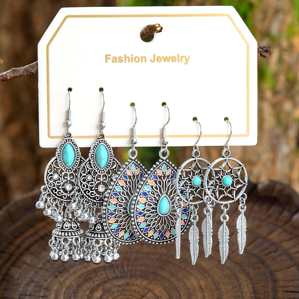 3 Pairs Boho Ethnic Style Turquoise Dangle Earrings Antique Silver Chic Geometric Jewelry Daily Wear Party Decors Gifts Unisex