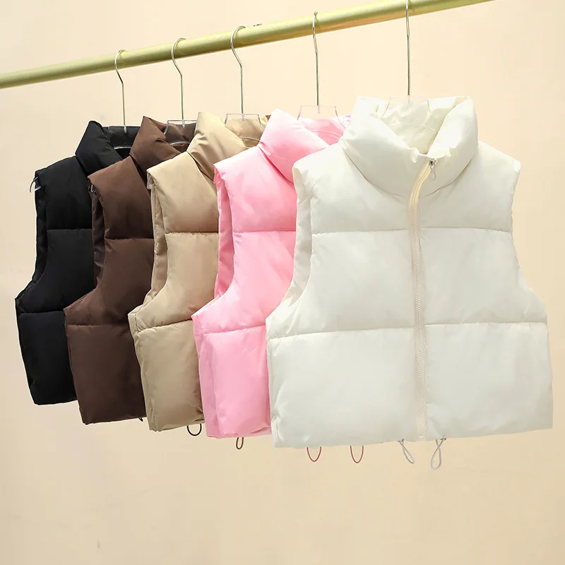 

Winter Casual Fashion Quilted Cropped Coats Street Outerwears Short Down Sleeveless Vest Women Warm Stand Collar Zipper Jacket