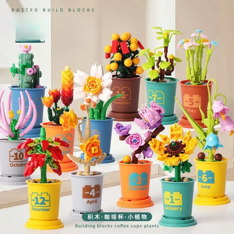 12-monatige Blumen-Kaffeetasse-Bausteine – Mini-Topfpflanze, DIY-Modell, pädagogisches Spielzeug für Kinder, Heim-Schreibtisch-Dekoration, Geschenk