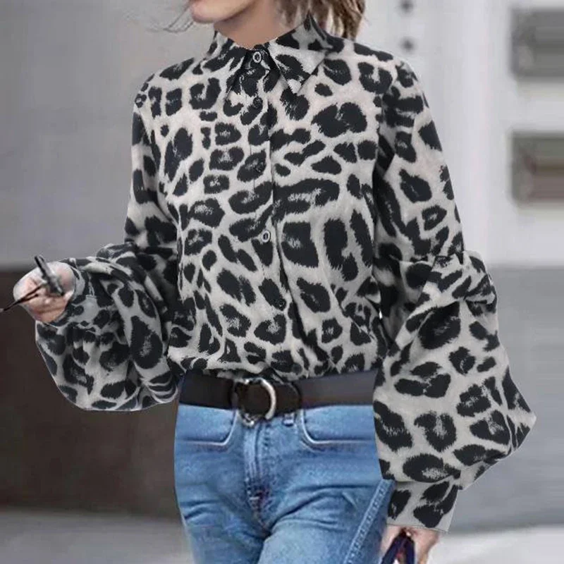 Women Leopard Print Blouse Shirt Vintage Autumn Polka Dot Shirt Button Loose Long Lantern Sleeve Lapel Elegant Office Ladies Top