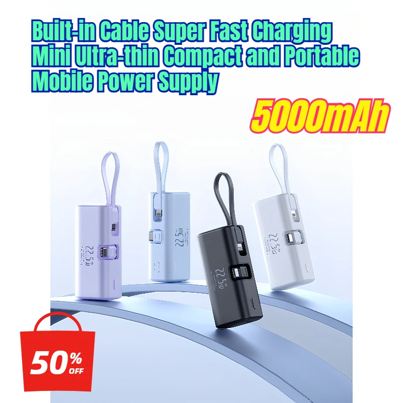 5000mAh Built-in Cable Super Fast Charging Mini Ultra-thin Compact and Portable Mobile Power Supply