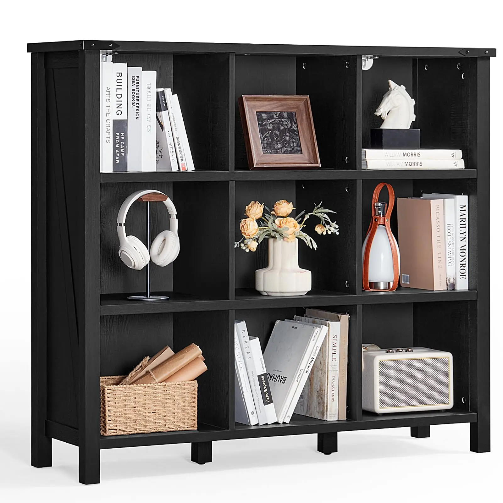 9 Cube Bookcase, Farmhouse 47 Inch Wide Black Bookshelf, Wooden 3 Tier Display Large Open Book Shelf, Vintage