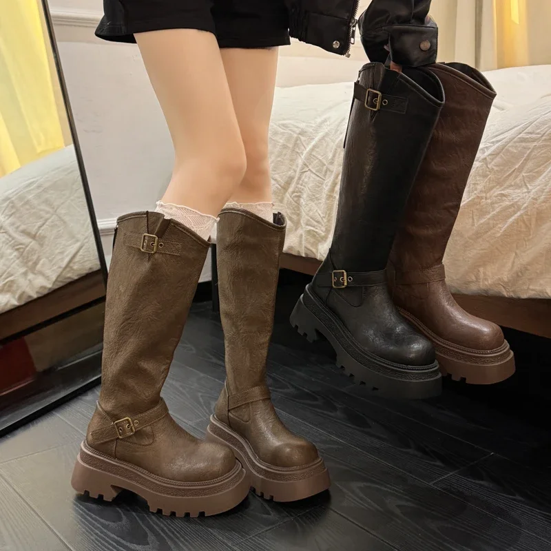 

Winter Platform Thick Heel Woman Knight High Boots Fashion Belt Buckle Shoes Female Punk Vintage Long Booties Zapatos De Muje