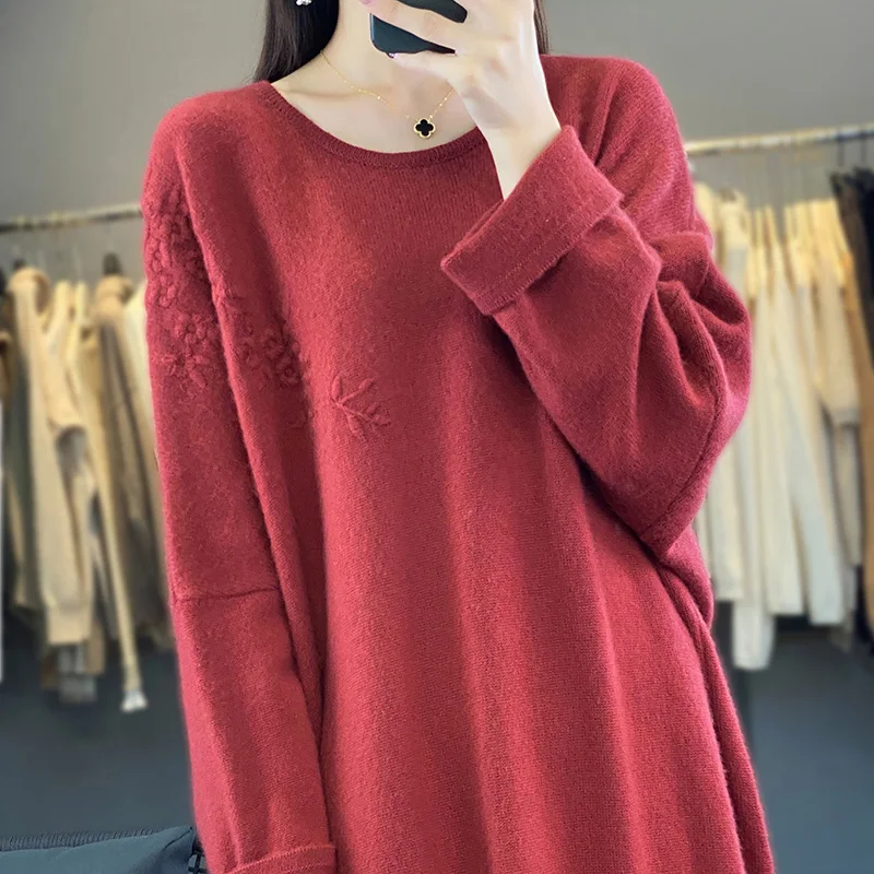 Oversize Clothing For Women Free Shipping 100% Cashmere And Wool Dresses Long V-neck Jumpers 2023 Winter Lady Pullovers NJ01