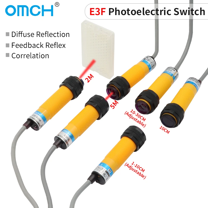 OMCH E3F M18 10cm 30cm 2M 5M Optical Detection Diffuse Feedback Reflection Reflective Photoelectric Sensor Switch Adjustable