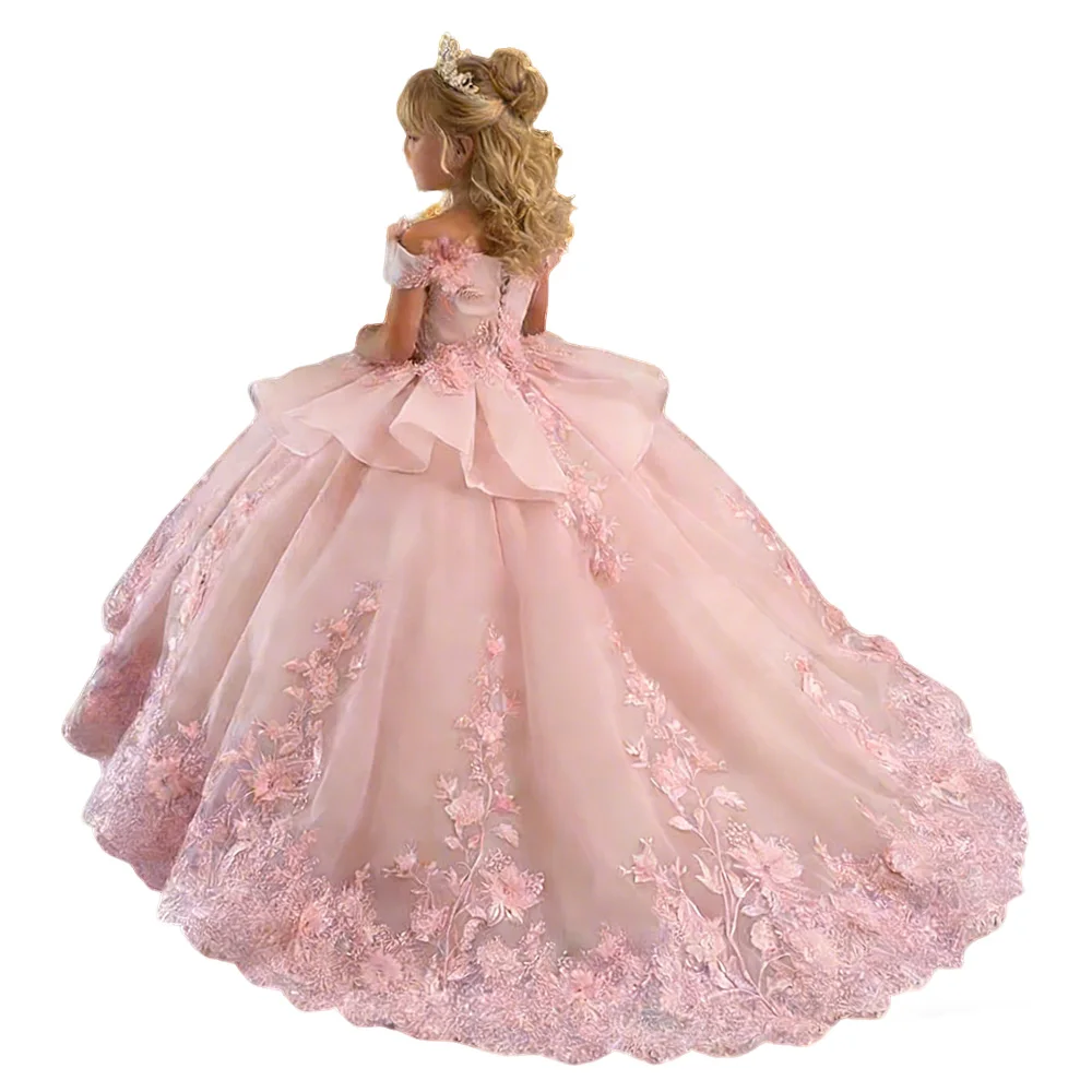 

Customized Ball Gown Flower Girl Dress Off Shoulder Princess Pageant Dress with Appliques Tiered Tulle Sweet Quinceanera Robe