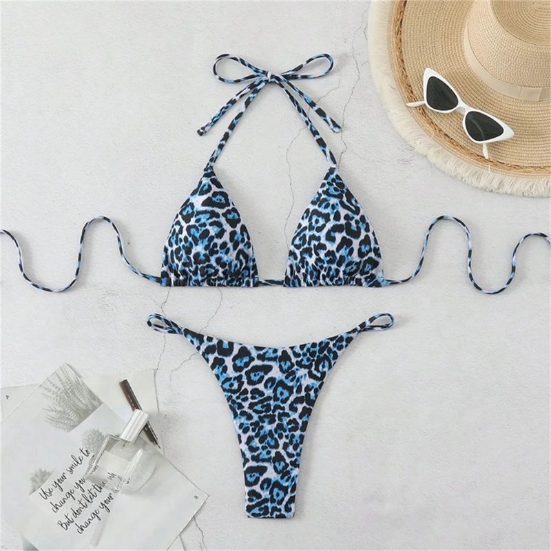E8BF Leopard Print Triangle Swimsuit بما في ذلك ملخصات حمالة الصدر العليا ميزة النسيج الناعم