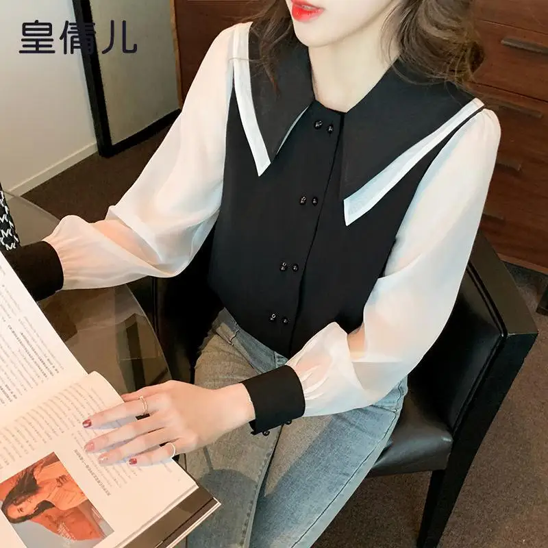 

Women Clothing Temperament Contrast Patchwork Blouse New Spring Autumn Long Sleeve All-match Elegant Shirt Tops Fashion Korean