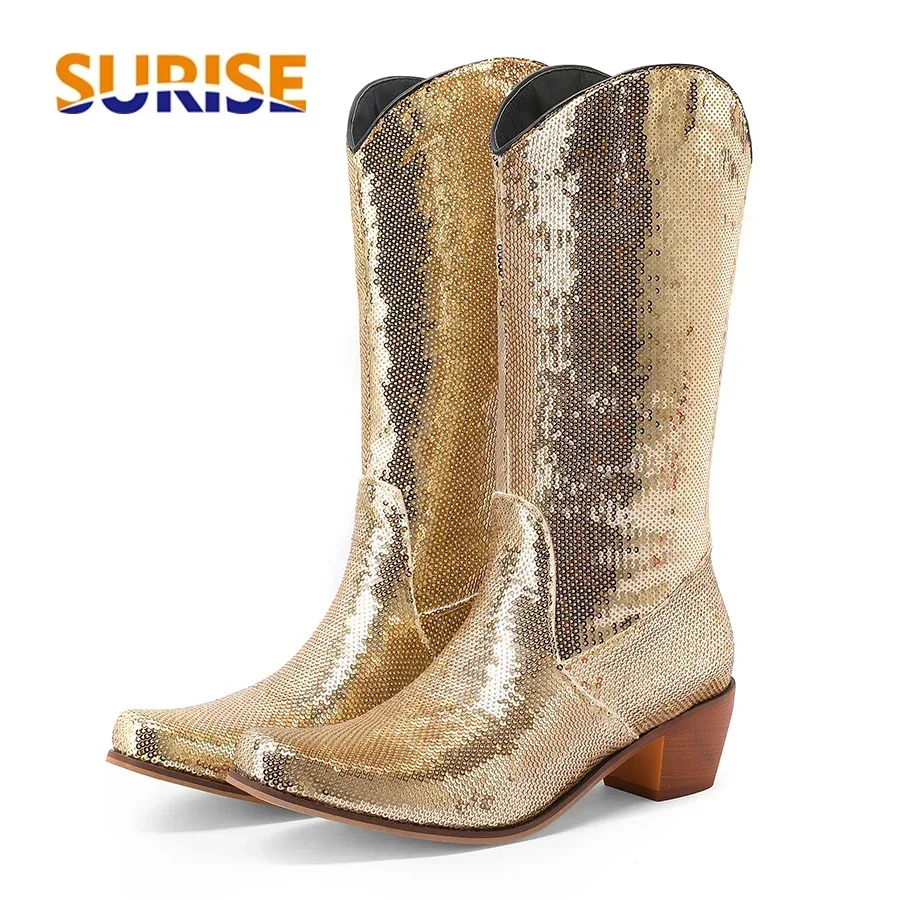 

Elegant Gold Western Women Cowboy Mid-calf Boots Silver Sequined Cloth Block Heels Shiny Bling Retro Warped Round Toe Half Boots