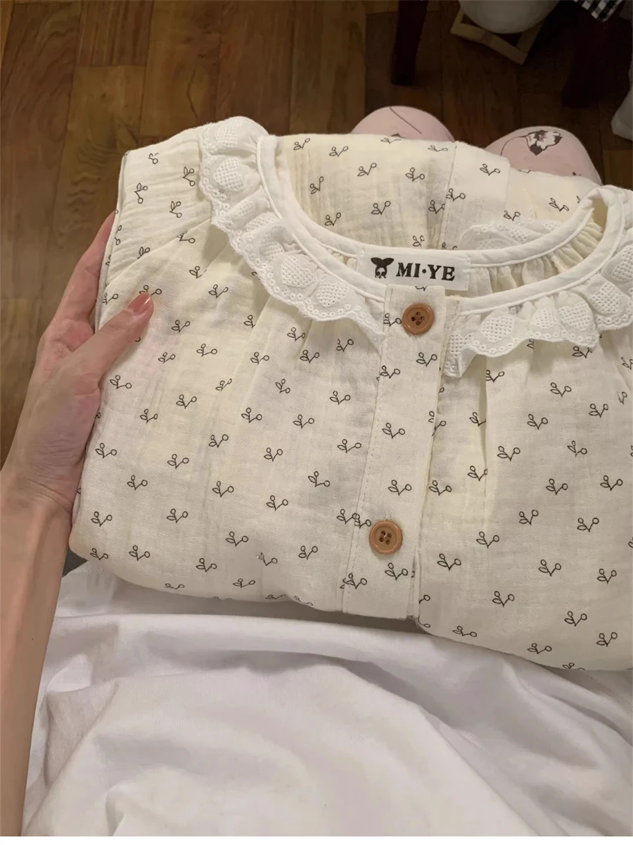 8911 بيجامة قطنية للسيدات للربيع والخريف كورية حلوة صغيرة مُزينة بالزهور يمكن للطلاب ارتداء سترة بأكمام طويلة مجموعة ملابس منزلية