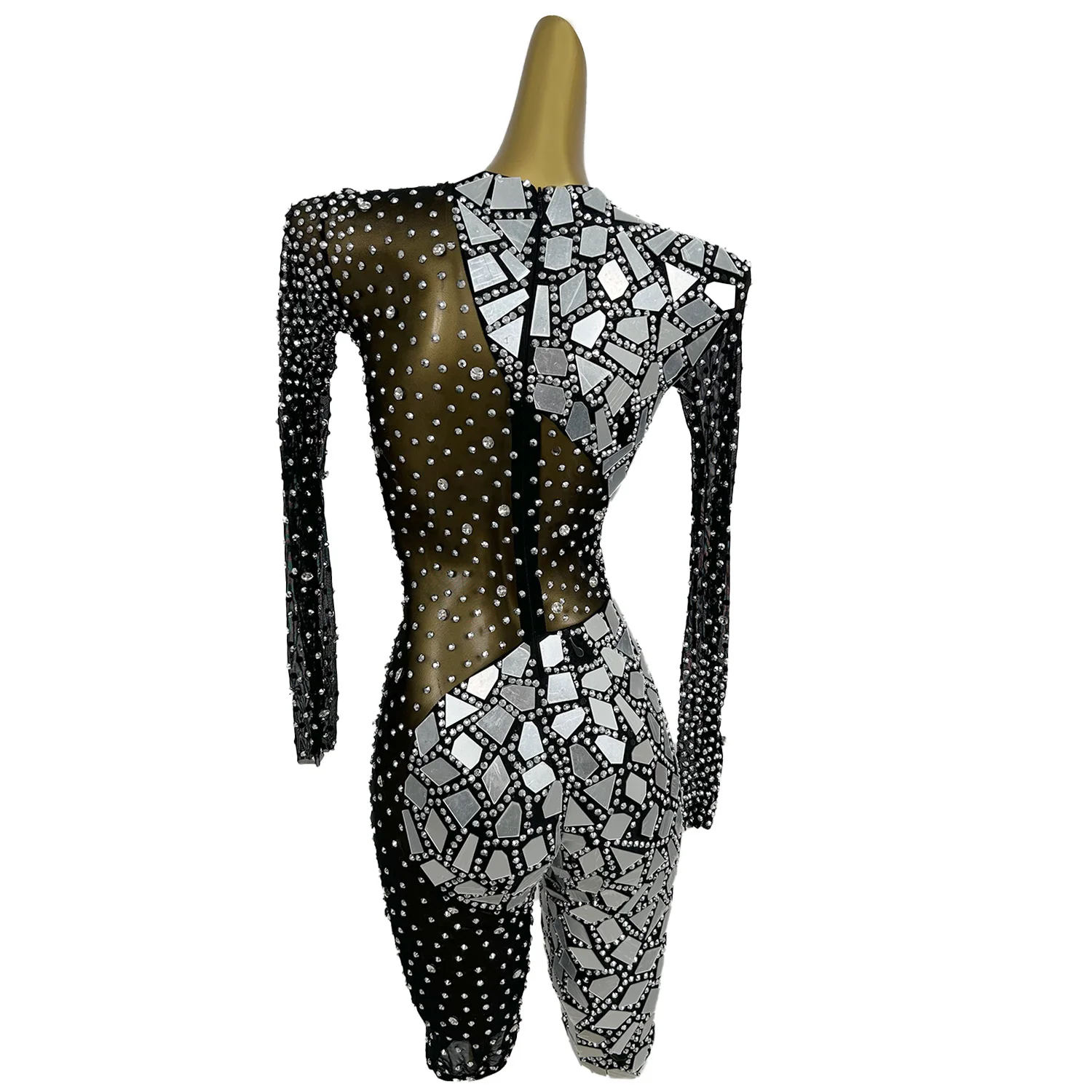 Sexy Women Black See Through Mesh Bodysuit Sparkly Rhinestone Mirrors Tight Fitting Catsuit Club Party Event Show Wear Shanfeng