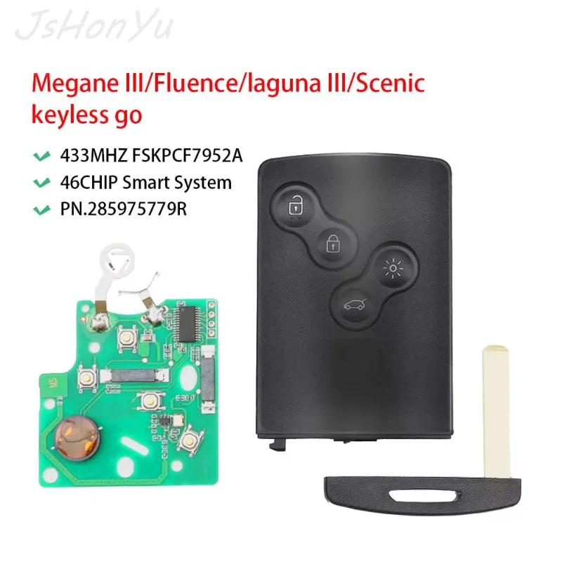

JsHonYu 433MHz ID46 PCF7952A Smart Remote Key Card for Renault Megane 3 Laguna 3 Scenic Fluence Keyless Handsfree Entry Fob
