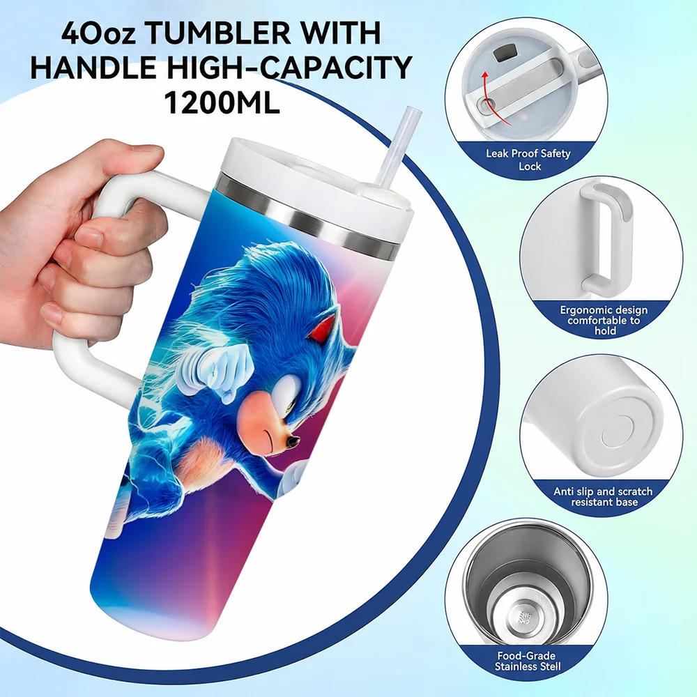 Game S-Sonic the Hedgehog Vacuum Flasks 40oz Stainless Steel Insulated Tumbler With Handle & Straw Leakproof Travel Mug view 4