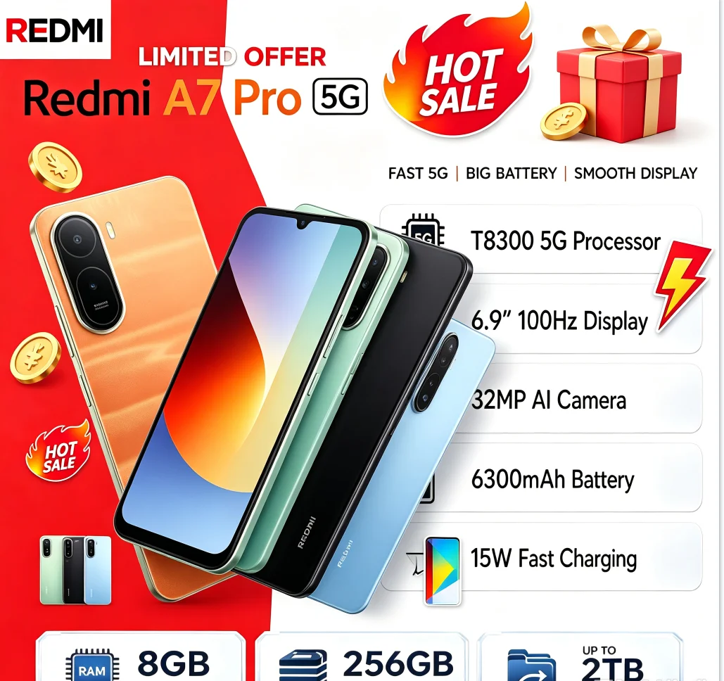 Must‑Buy 2026 Unlocked Redmi A7Pro Gaming Android Handset 8GB RAM 256GB ROM 6.9 Inch FHD+ Vivid Full Display Reliable Helio G85