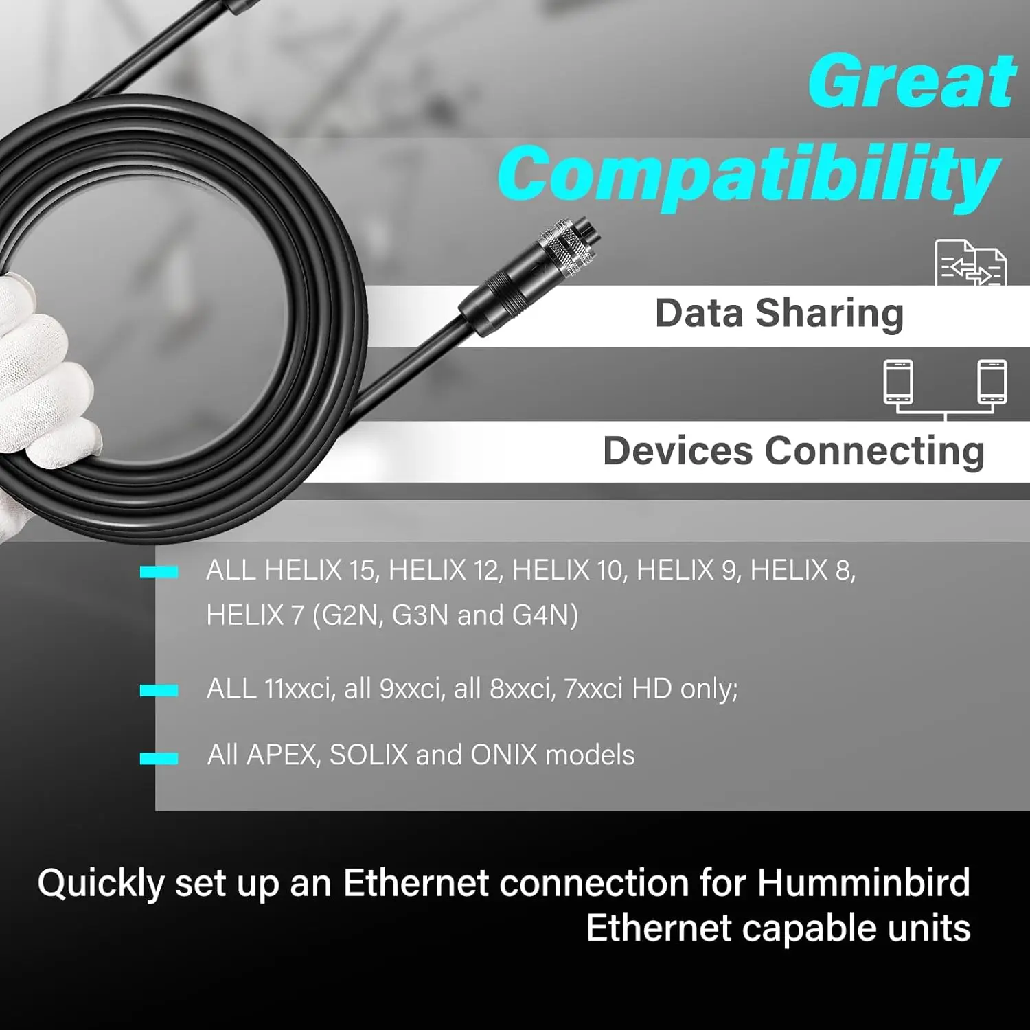 TML 720073-4 30 Feet Ethernet Cable AS EC 30E Replace for Humminbird, Black Fit for Helix, APEX, SOLIX and Onix Models