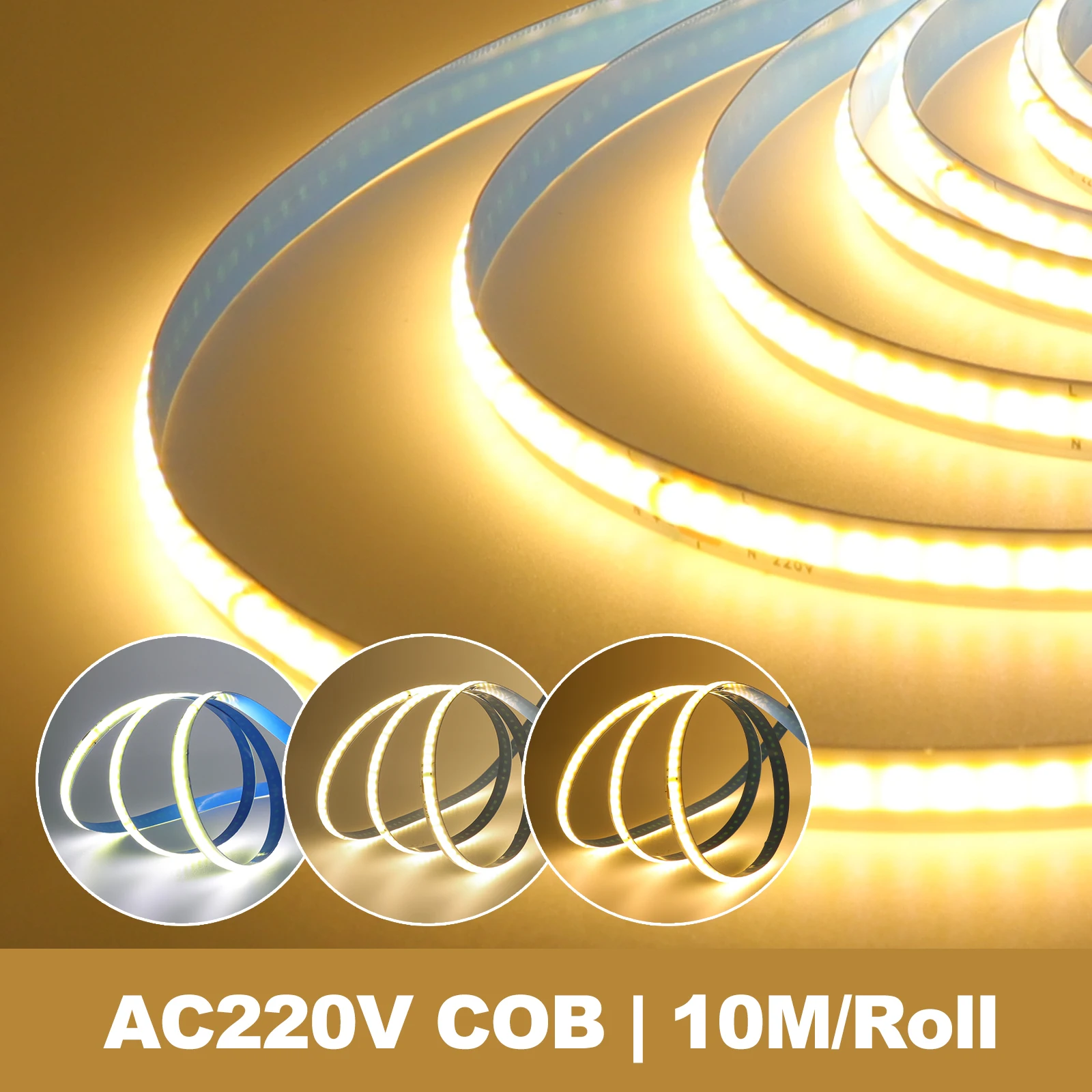 Flexível COB LED Strip Lights com IC Chip, Fita Adesiva, Iluminação Linear, Cortável, AC 220V, 230V, 240LEDs por m, 5m, 10m, 20m, 50m