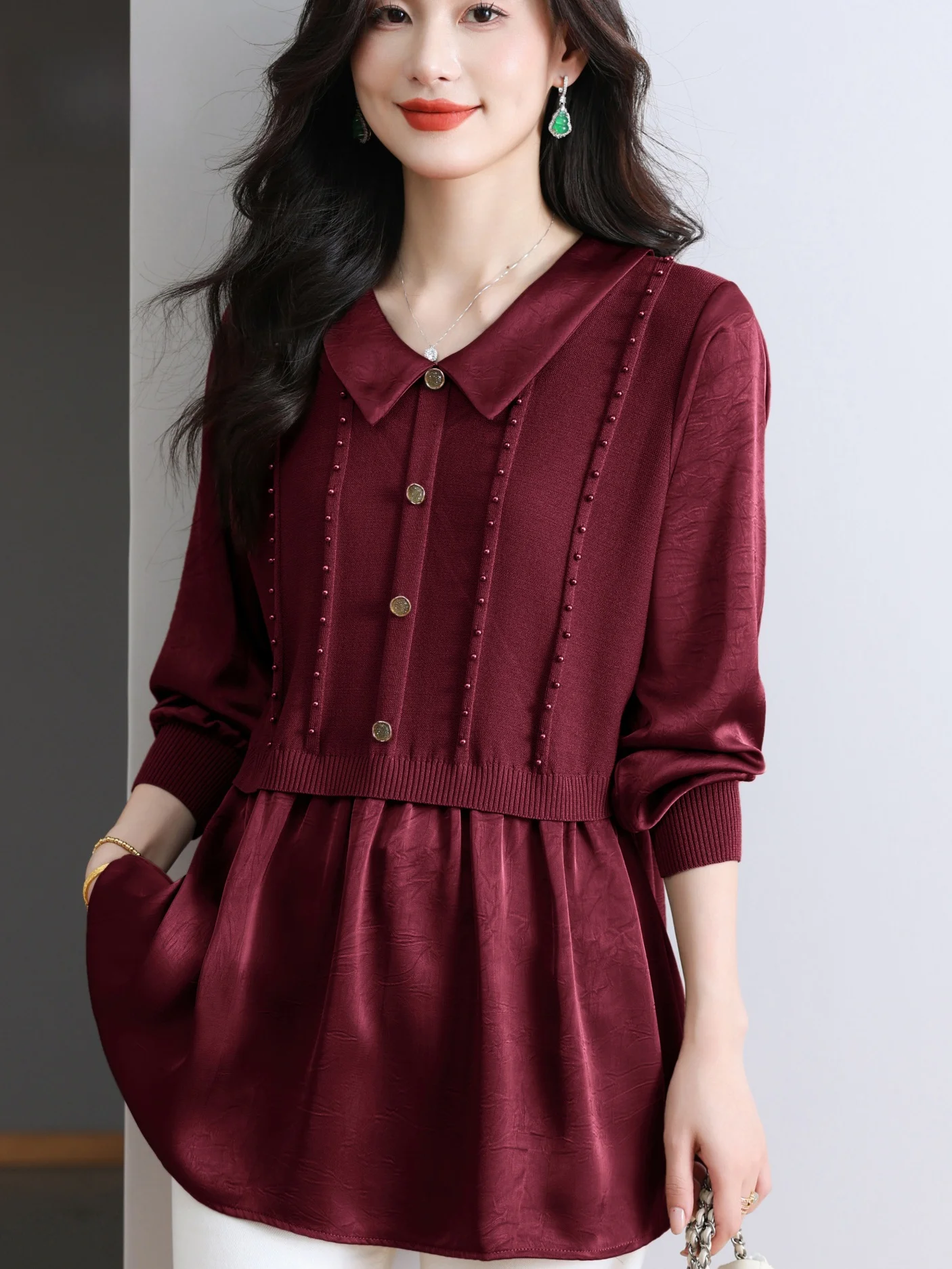 

Spring Autumn V-Ne Chiffon Splice Loose Middle-Aged Women's Faionable Mid-Length Base irt Overhead irt Top