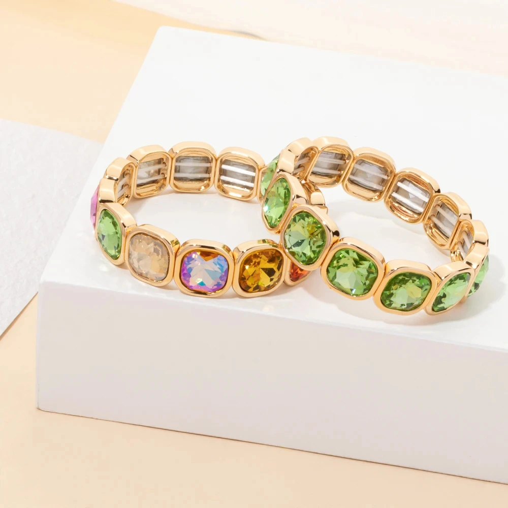 New Trendy 2024 Colorful 15mm Rhinestone Women Bracelet Enamel Gold Sliver Color Beads Elastic Bangle Boho Jewelry Accessories