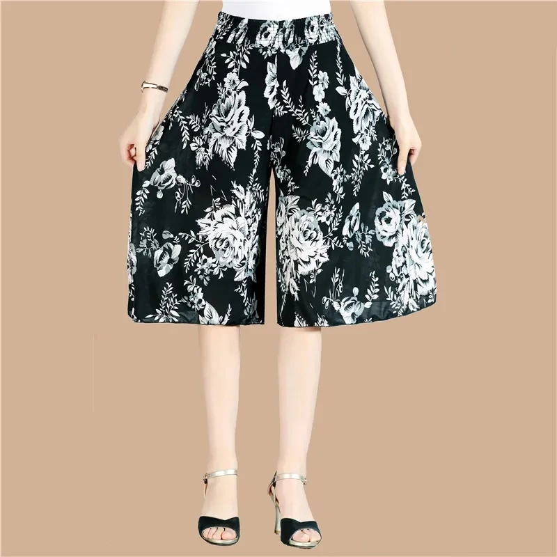 Ice Silk Skirt Pants 2025New Female Thin Wide Leg Skirt Pants Middle Aged Elderly Women Summer Elastic Waist Flower Print Pants
