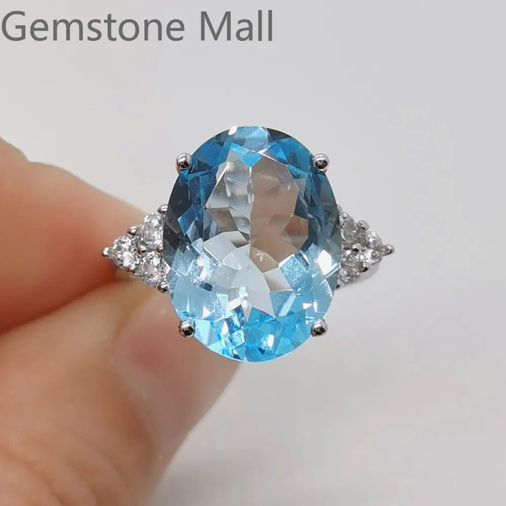 

12ct 100% Natural Topaz Ring for Party 12mm*16mm VVS Grade Light Blue Topaz Silver Ring with 3 Layers 18K Gold Plating