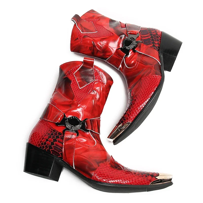 British Metal Pointed Toe Party Club Man Shoes Red Motorcycle Zipper Ankle Boots Plus Size Wedding Party Real Leather Short Boot
