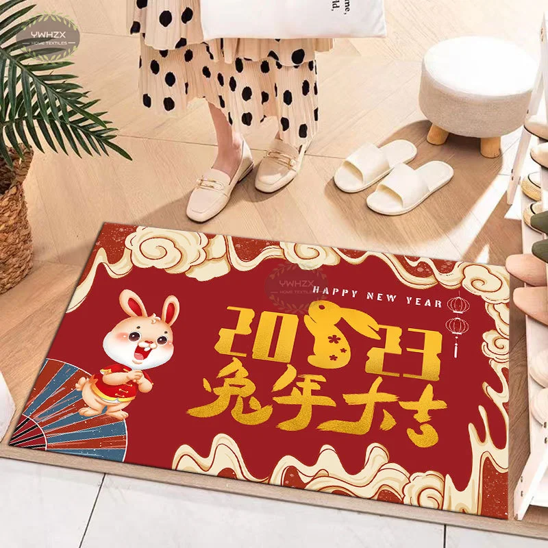 2023 Chinese Rabbit Carpets New Year Red Door Mat Celebration Entrance Confort Rugs Anti-slip Spring Festival Year Doormats