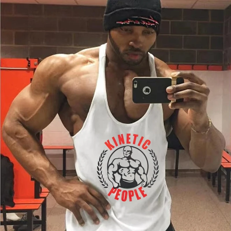 Men's Kinetic People Graphic Y - Back Gym Tank | Cotton Bodybuilding Sleeveless Stringer Vest
