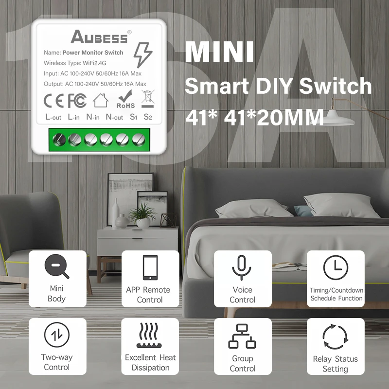 Aubess-Tuya WiFi Smart Switch Power Monitor, DIY, Contrôle bidirectionnel, Smart Home Sunflower, Via Alexa, Google Home, Alice Smart Life, 16A