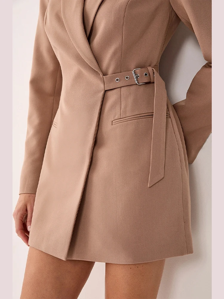 Elegante feminino blazer vestido com cinto estilo britânico moda lapela manga longa magro vestidos curtos 2026 primavera nova senhora jaquetas