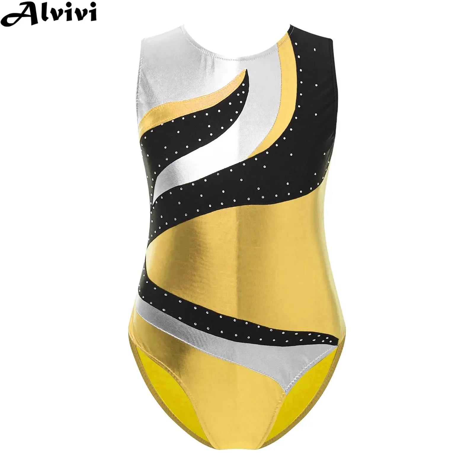 Kids Girls Ballet Dance Leotard Gymnastics Figure Skating Acrobatics Performance Dancewear Sleeveless Shiny Rhinestone Bodysuit