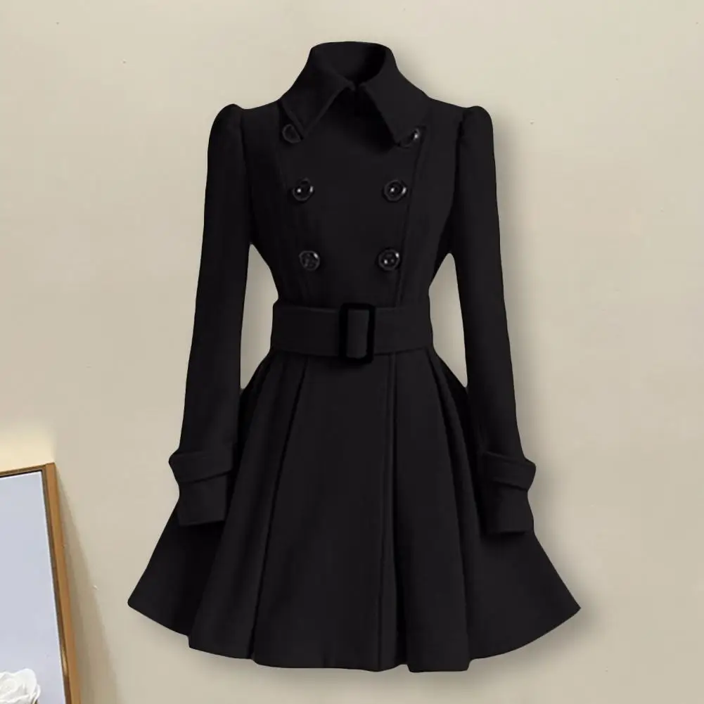 Elegant Lady Winter Coat Lapel Thermal Belt Tight Waist Lapel Lady Coat