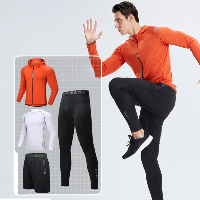 4pcs Men's Fitness Outfit Long Sleeve Jacket Shorts Leggings with Pockets Running Cycling Training Wear Active Sportswear Set