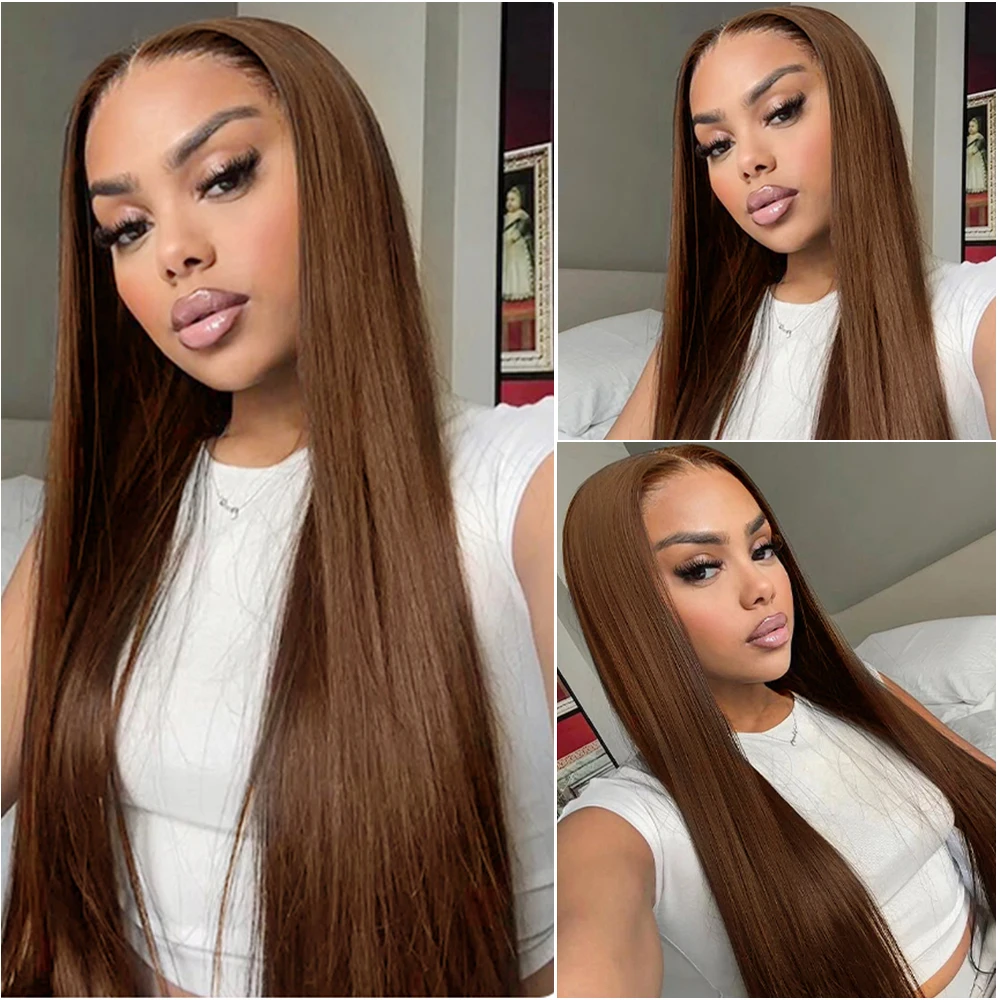 30 40 Inch Straight Chocolate Brown 13x6 Hd Lace Frontal Wigs PrePlucked #4 Colored Brazilian Wigs For Black Women 200 Density image 2