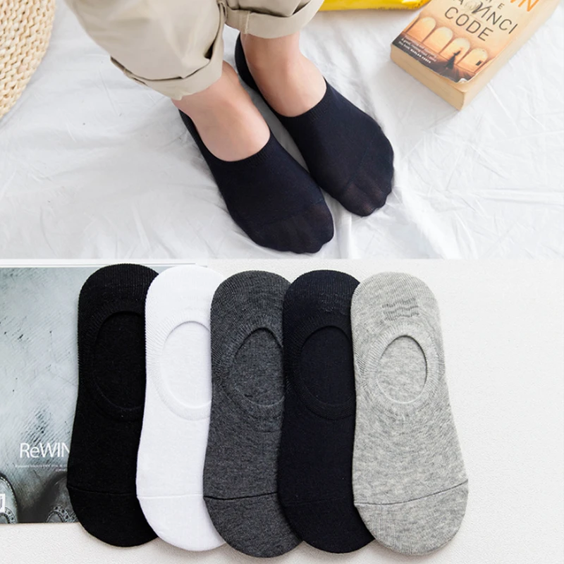 Socks Men Short No Show Low Cut Ankle Cotton Thin Black White Multipack Non-slip Silicone Summer Breathable Invisible 5pair /Lot